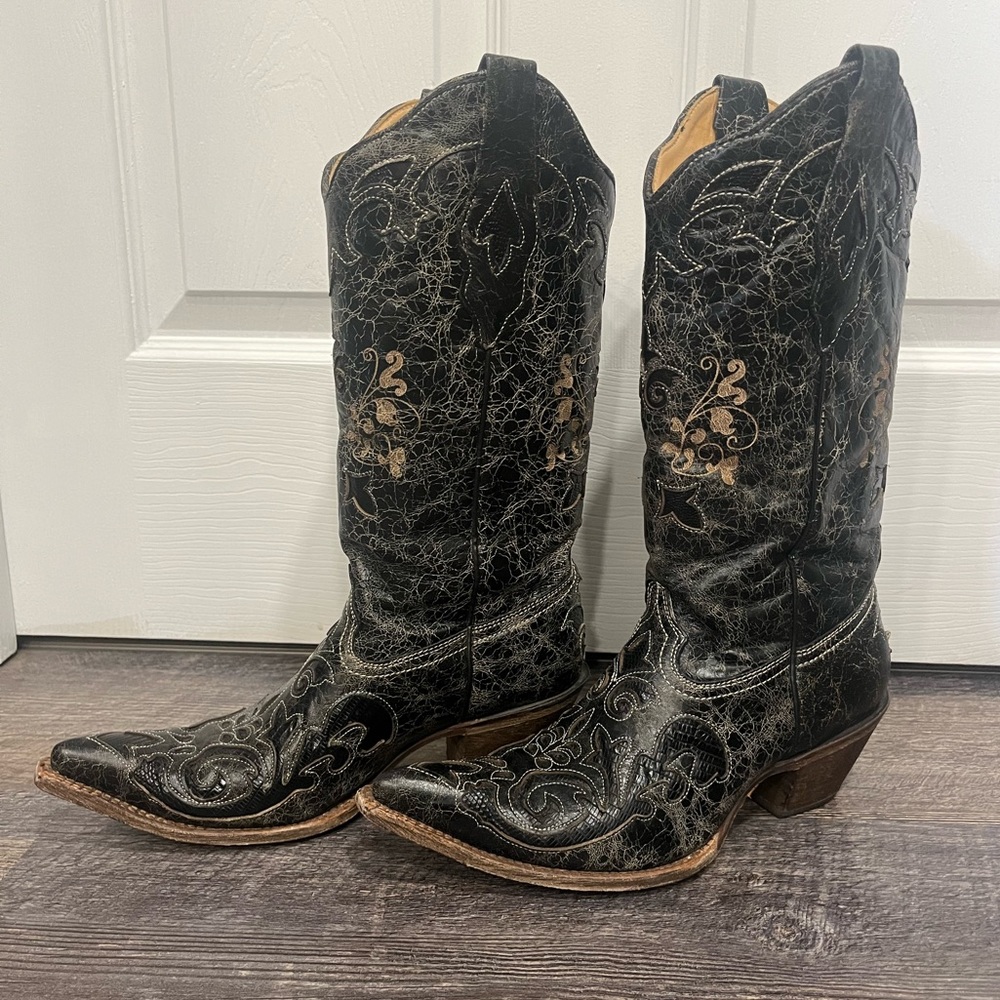 Women’s Corral 8.5 Lizard Inlay Distressed Black Western Boots C2108 Very Nice